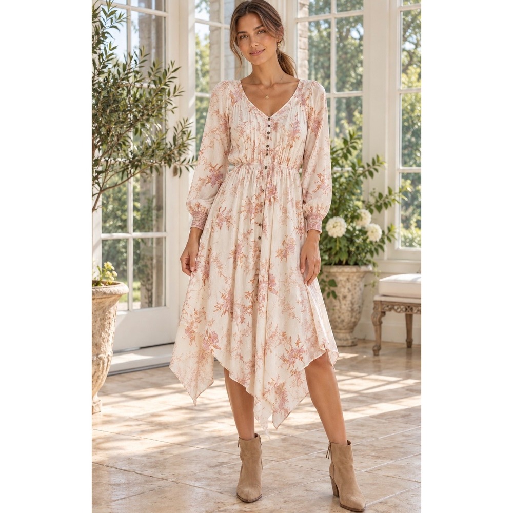 Knox Rose Floral High-Low Midi Dress Cream Pink XS Metallic Gold Pinstripe Boho